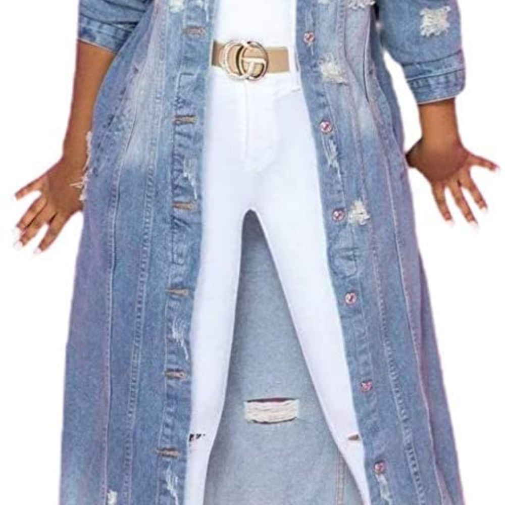 3xHP💝Women’s distressed denim maxi jacket sz sm - Picture 3 of 7